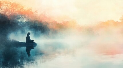 A woman sitting by a tranquil lake at sunrise, eyes closed in quiet contemplation, on blurred background