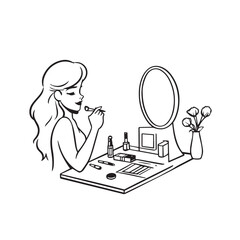 Black and white line art of a beautiful woman doing makeup at dressing table with mirror illustration
