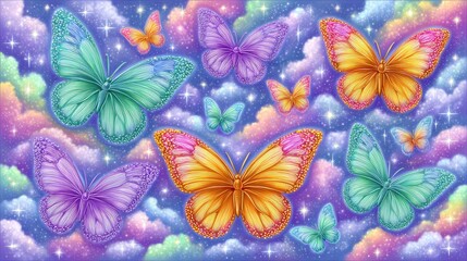 Obraz premium Whimsical Glitter Butterflies in Pastel Sky