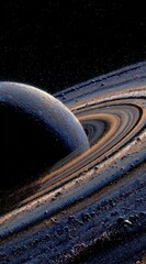 A majestic gas giant, bluish-grey, dominates the frame, its expansive, intricate ring system stretching across the image, detailed textures and subtle lighting effects highlighting