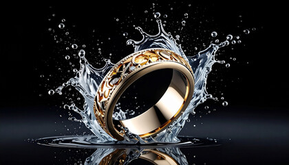 A dazzling golden ring, intricately designed with ornamental patterns, splashes into crystal clear water creating a mesmerizing visual effect against a dark background