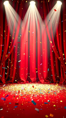 Luxurious red velvet stage curtain with sparkling confetti victory celebration and gritty spotlight atmosphere

