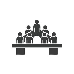 A minimalist black silhouette icon depicts a hierarchical group of people gathered around a table, symbolizing teamwork, corporate structure, and leadership dynamics.