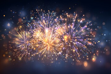 Fototapeta premium Colorful fireworks display with golden and purple sparks in night sky celebration