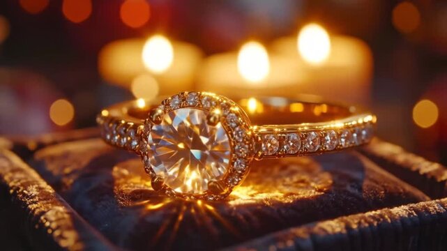 Sparkling Diamond Ring Close-Up with Candlelight Ambiance
