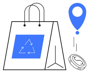 Fototapeta premium Reusable shopping bag featuring recycling logo, symbolic location pin, and coin. Ideal for sustainability, e-commerce, delivery, eco-awareness, logistics green initiatives minimalism. Simple flat
