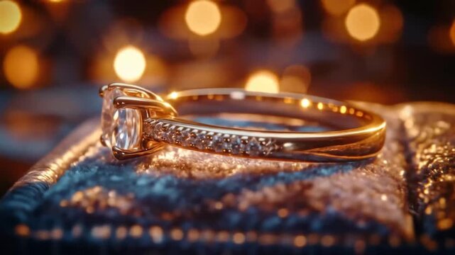 Sparkling Diamond Ring on Velvet with Bokeh Lights