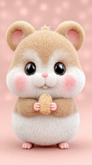 Fototapeta premium Adorable Fluffy Cartoon Hamster Holding Seed Against Pink Background