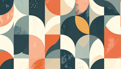 Repeating seamless pattern of simple geometric shapes in muted colors, clean minimal abstract wallpaper, modern decorative style. No people.