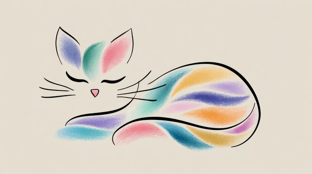 Pastel Rainbow Cat Illustration Minimalist Line Art on Beige