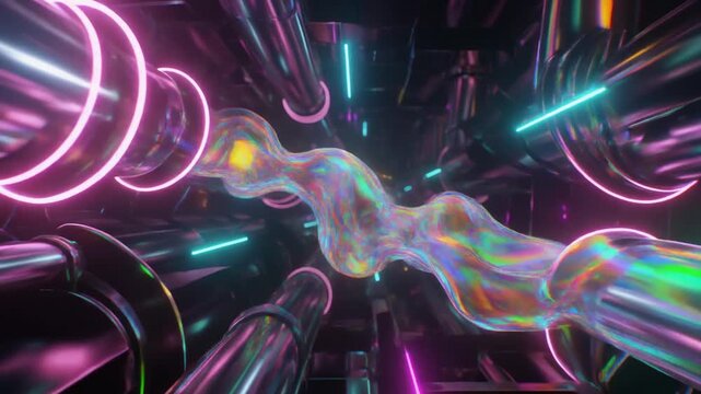 Abstract holographic liquid flowing through glowing pipes in futuristic cyberspace. Seamless loop animation.