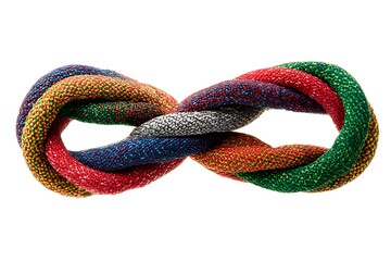 Colorful textured infinity knot rope on white background, symbol of unity, strength and connection