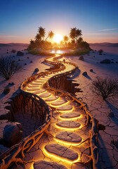 Enigmatic pathway leading to a tropical oasis during a stunning sunset