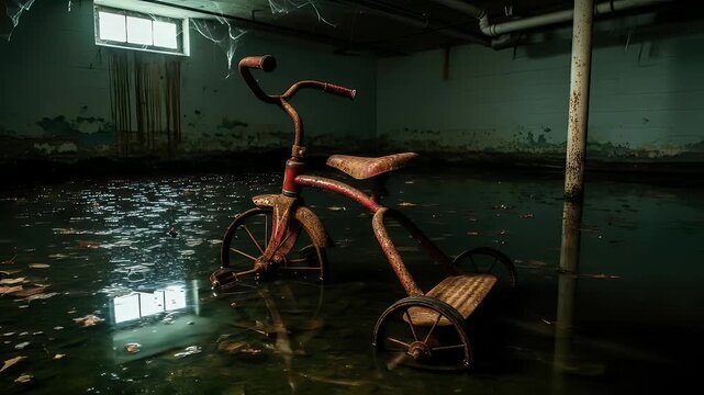 Abandoned tricycle in a flooded basement moody lighting dark tones water reflections