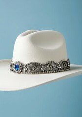 cowboy hat on white background, Elegant white cowboy hat detailed with sparkling rhinestones, large blue gemstone on band. Luxury accessory features classic western design with three-dimensional rende
