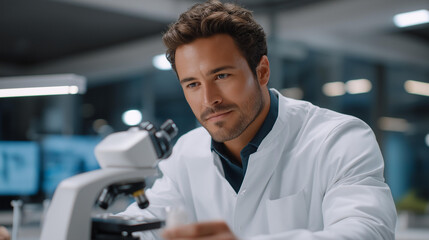 Lab Alien DNA Test: A scientist in a lab coat analyzing a strange sample with a microscope a test tube and a high tech lab with monitors. three quarter wide angle cinematic col