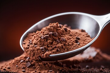 Chocolate and cocoa concept. Cocoa powder in a spoon near cocoa beans