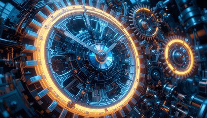 Intricate clockwork mechanism with gears, cogs, and timekeeping elements inside