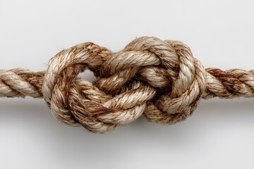 Close-up of thick natural fiber rope tied in a strong knot, symbolizing strength, tension, and reliability on white background