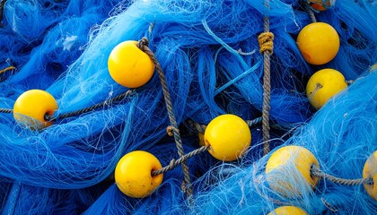 Close-up view of a vibrant tangle of blue fishing nets, adorned with numerous bright yellow floats, showcasing a rich texture and intricate design.