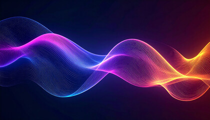 Obraz premium Smooth abstract flowing wave lines with glowing gradient, futuristic minimal design, dynamic movement effect on dark background. No people.