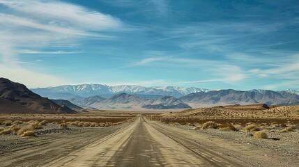 Fototapeta premium Desert road scenery Arid Serenity: Breathtaking Desert Road Scenery – A Long, Winding Asphalt Road Stretching Through Golden Sand Dunes and Scattered Desert Shrubs, Under a Clear Blue Sky