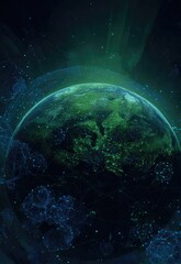Fototapeta premium A glowing green Earth encircled by bioluminescent, cloud-like structures, set against a dark, starry backdrop, radiating energy
