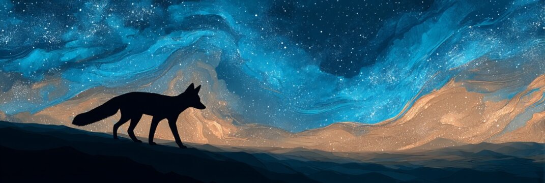 A silhouette of a fox against a starry night sky with swirling blue clouds.