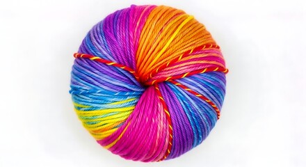 "Colorful Rainbow Yarn Ball for Knitting, Crochet, and DIY Crafts": red and yellow circle, Close-up of colorful yarn ball in purple, pink, orange, yellow, blue hues. 