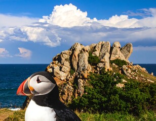 Puffin perched on coastal rocks
