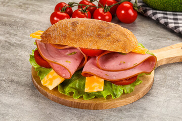 Sandwich ciabatta with mortadella and cheese