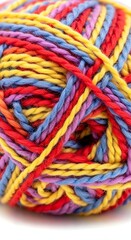 "Colorful Rainbow Yarn Ball for Knitting, Crochet, and DIY Crafts": red and yellow circle, Close-up of colorful yarn ball in purple, pink, orange, yellow, blue hues. 