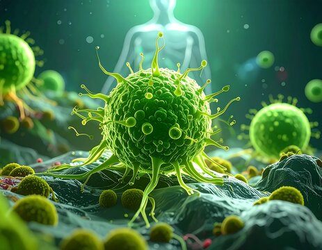 Microscopic virus closeup, glowing figure