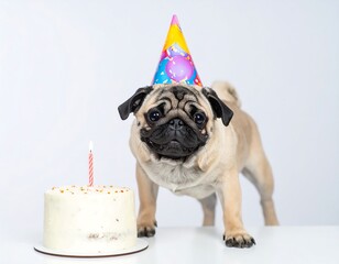 Pug dog wearing party hat, birthday cake