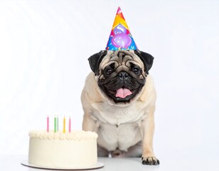 Pug dog wearing party hat with birthday cake