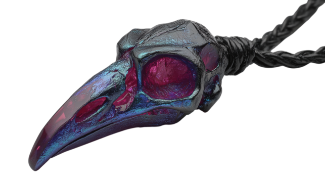Iridescent crow skull pendant isolated on transparent background