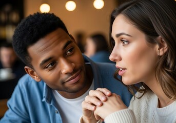 Interracial couple share an intimate moment during conversation indoors