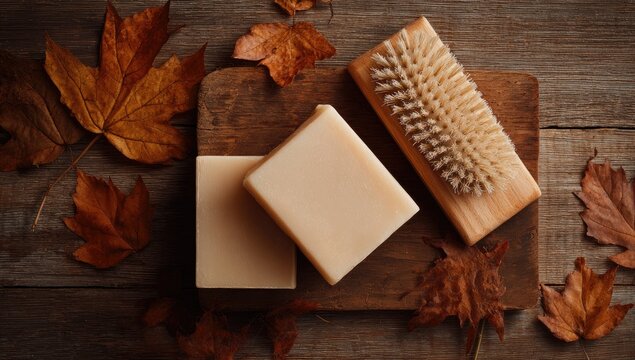 Light beige soap bars and a wooden body brush on a rustic wooden board, surrounded by autumn leaves