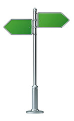 A metallic post with two blank, green, arrow-shaped directional signs pointing left and right