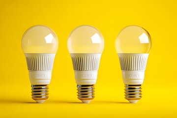 Three modern LED light bulbs standing on vibrant yellow background, concept of energy efficiency and innovation