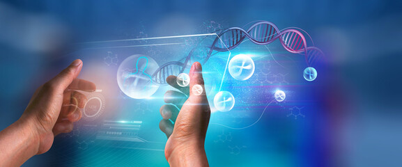 DNA helix concept of new ideas with Digital Virtual analysis chromosome DNA test of human in situations disease COVID-19 virus on hands in 3D illustration. Of free space for texts and creativity.