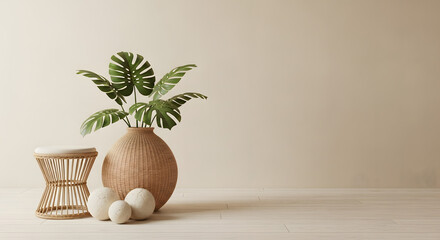 Stylish interior with monstera plant stool and decorative sphere stones