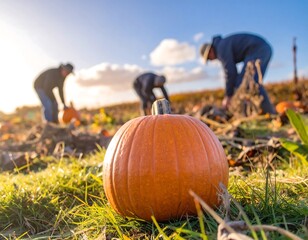 Pumpkins being harvested on a sunny autumn day