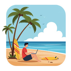 Flat 2D vector illustration: Person working on a laptop at a sunny beach, with palm trees, clear blue ocean, and a surfboard, perfect for remote work and digital nomad themes.