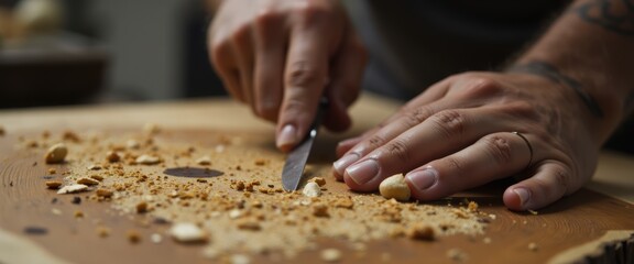 Close-Up of Hands Chopping Nuts on Wooden Cutting Board with Crumbs and Knife in Kitchen Setting for Culinary Arts and Food Preparation Themes