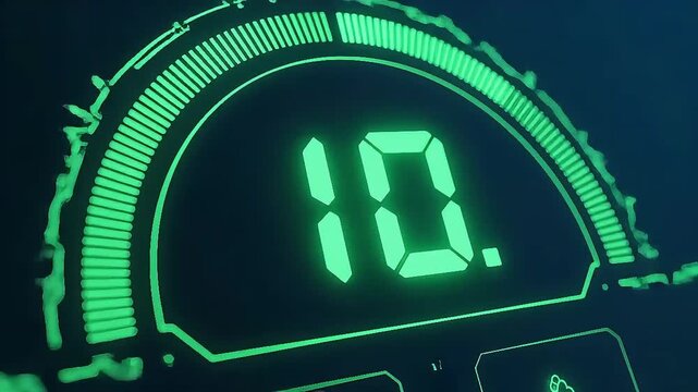 Futuristic Digital Display Showing Number 10 with Progress Bar, Glowing Green Interface Element