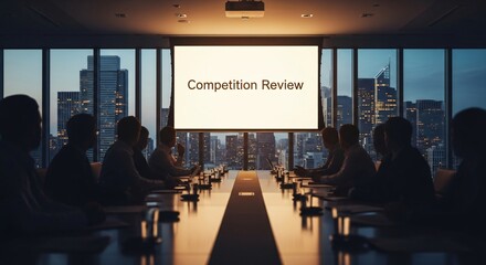 Business Meeting in Modern Boardroom with City Skyline View.