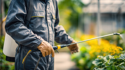 Gardener Spraying Pesticide on Plants with Protective Equipment