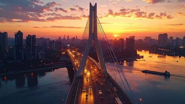Stunning Cityscape: Bridge, River, and Sunset Traffic