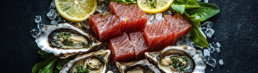 Fresh Oysters and Salmon on Ice with Lemon